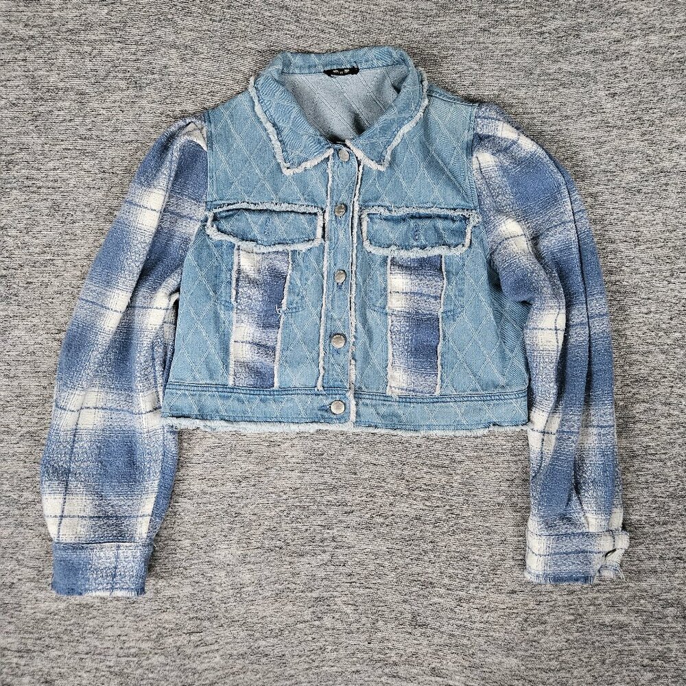 Miss Me Destructed Denim Cropped Jacket Pieced Plaided Flannel Crochet Large